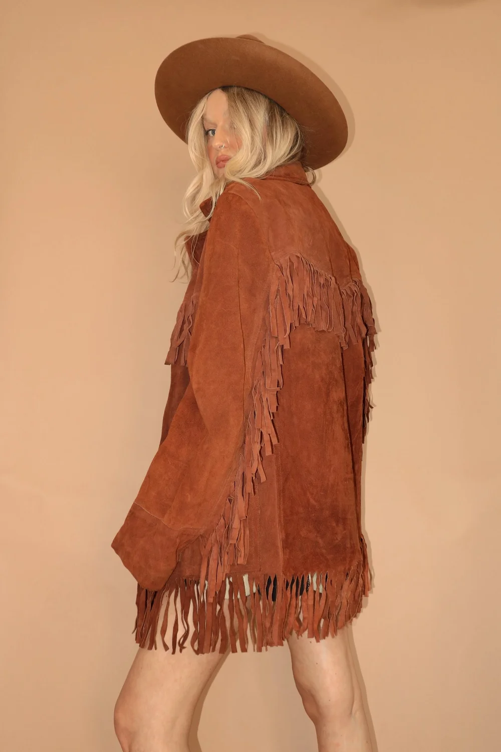 VINTAGE 70s SEARS WESTERN WEAR BROWN SUEDE FRINGED SHERPA LINED
